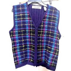 VTG Karen Scott Sweater Vest wool blend Purple plaid full zip sz M academia